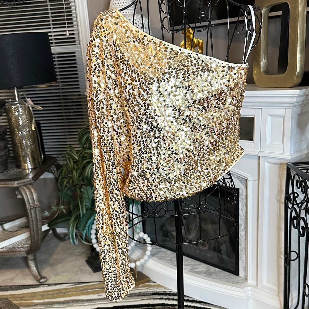 Gold Sequin One-Shoulder Top